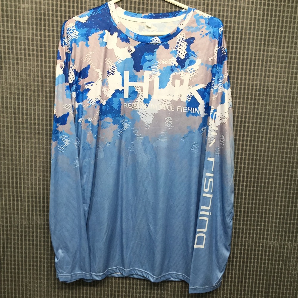Huk Inspired Mens XL Blue Camo Long Sleeve Performance Fishing Shirt Graphic Tee